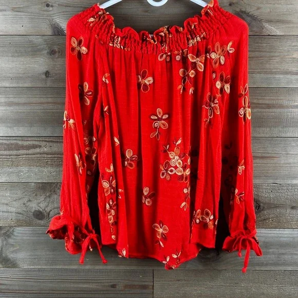 Fig And Flower Womens Shirt 3/4 Tie Sleeve Smocked Embroidered Floral PL - Picture 6 of 8